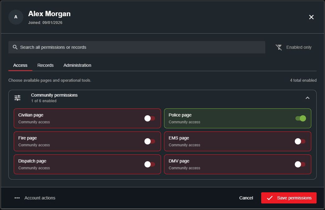 Account permission editor for Alex Morgan with Police page access enabled