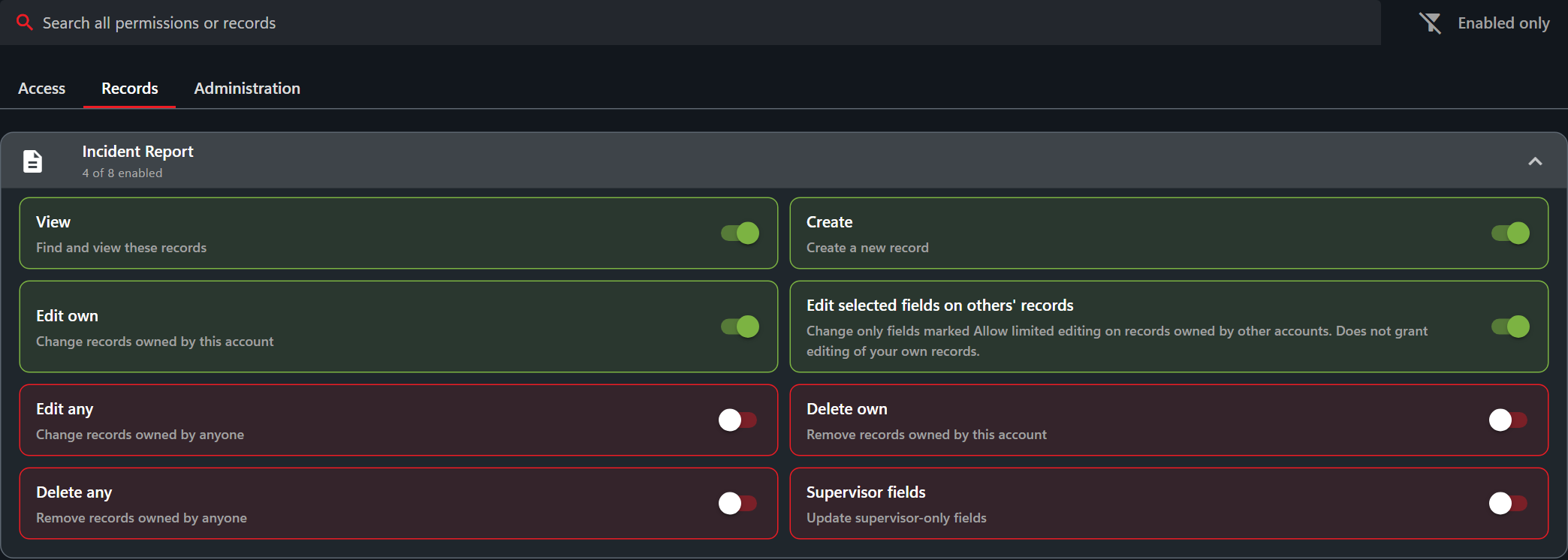 Incident Report permissions with View, Create, Edit own and selected-field editing enabled