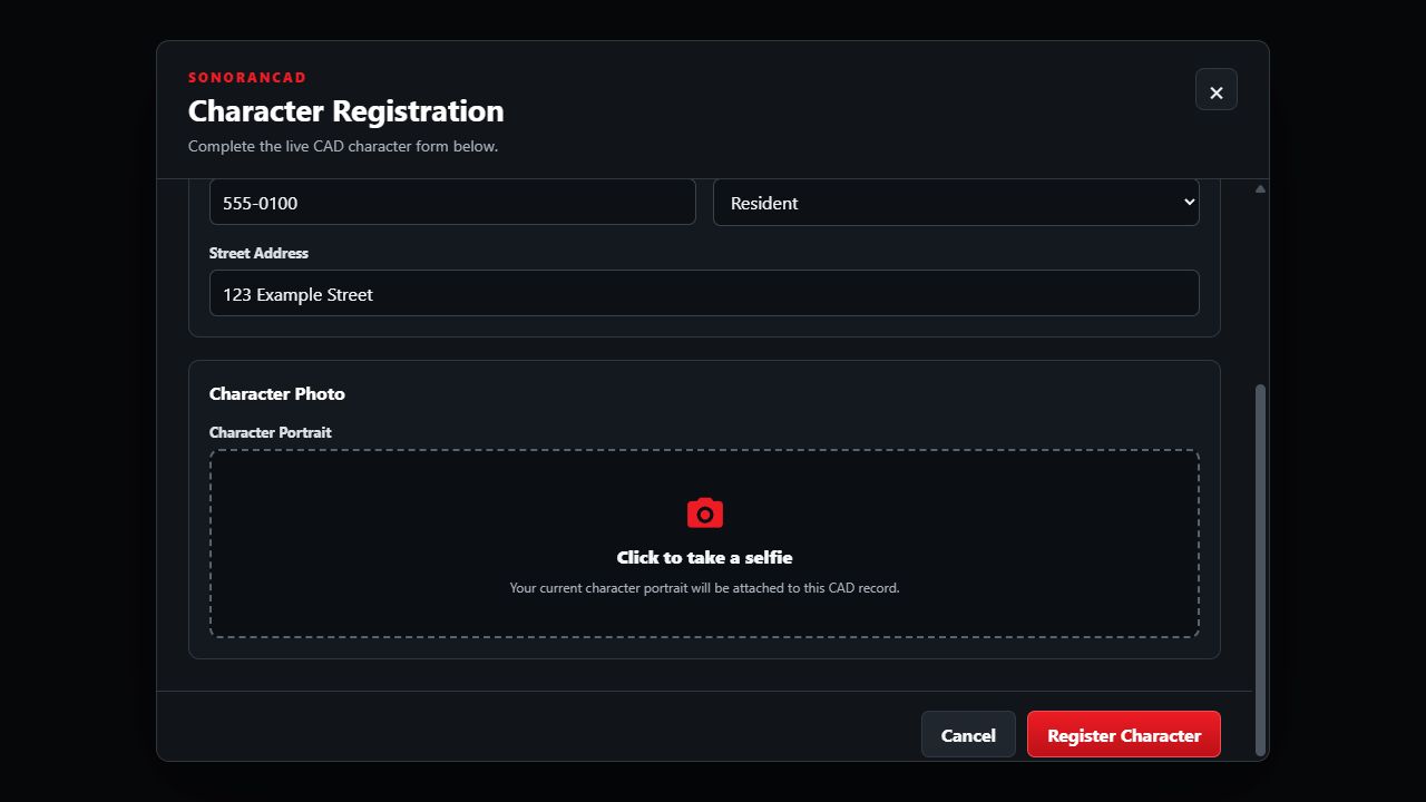 Character Photo section with the Click to take a selfie control above Cancel and Register Character